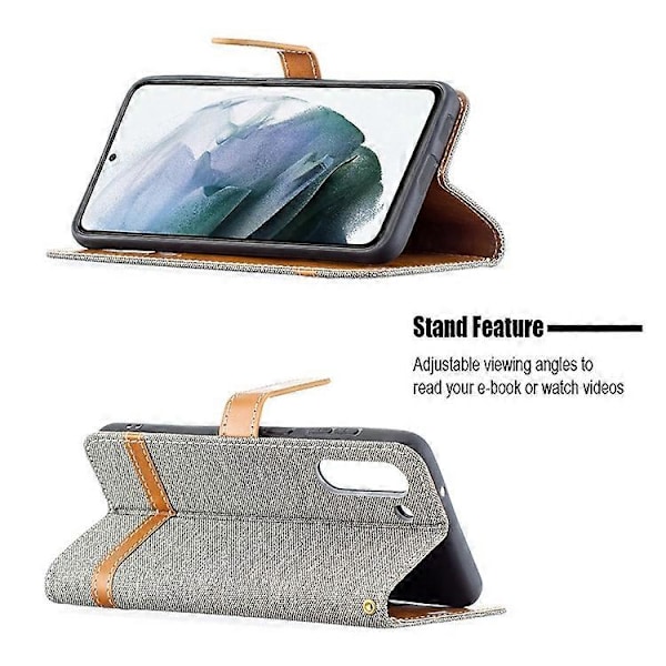 Splejsning Jeans Stof Overflade Læder Telefon Cover Wallet Stand Case Kompatibel Med Samsung Galaxy S21 FE/S21 Lite Grey