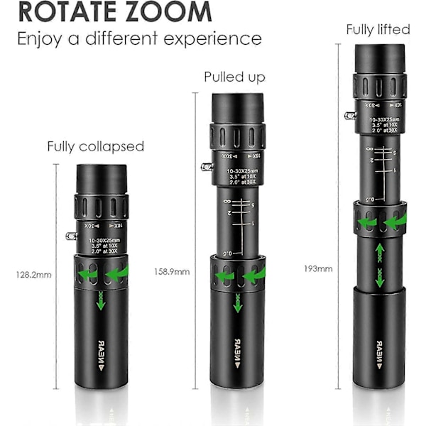 Kompakt Skalerbar Monokulær Zoom 10-30x25mm Lommeformat Mini HD Monokulært Teleskop til Vandring/Camping/Koncert/Rejse (Sort)