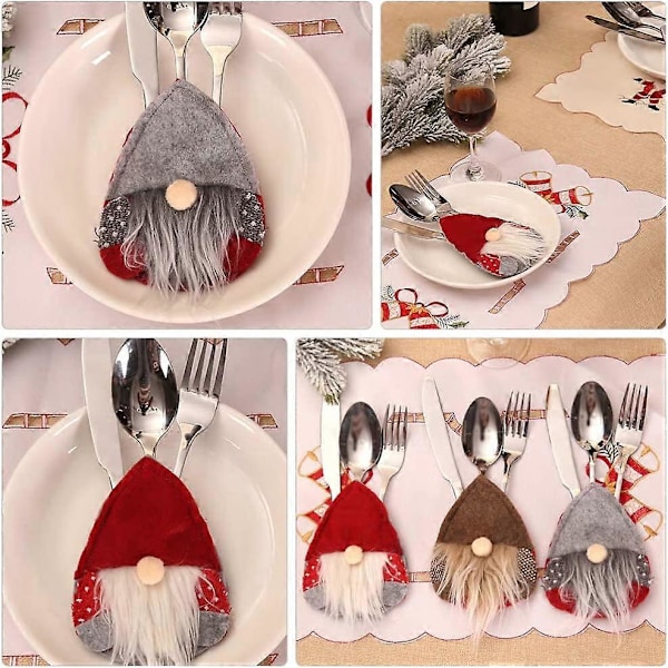 6 stk. Julemand Bestikholder Gaffelpose Bordbestikpose Svensk Julemand Gnome Plys Pose Julefest Middagsbord Dekoration (13,5x10cm)