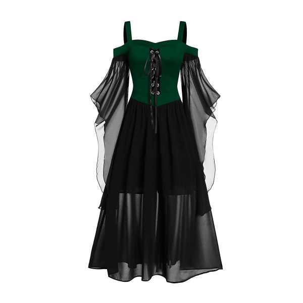 Halloween Trumpet Sleeve Witch Suspender Dress Enkel One-line Neckline Cosplay Dress Green Black 3XL