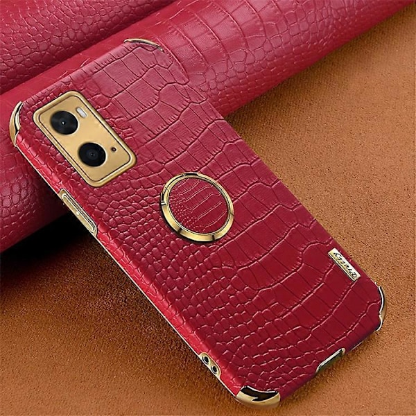 Yhteensopiva Oppo A36 / A76 Sormuspidike Jalustakotelo Krokotiilinnahka Kuvioitu Nahkapäällysteinen TPU 6D Galvanoidulla Iskunkestävällä Suojauksella Red
