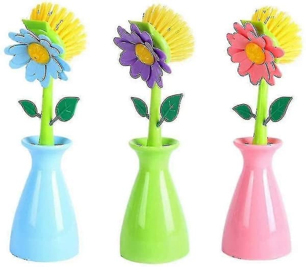 3-pack Köksborstar, Söta Blomformade Diskborstar med Långt Handtag, Blå+grön+rosa