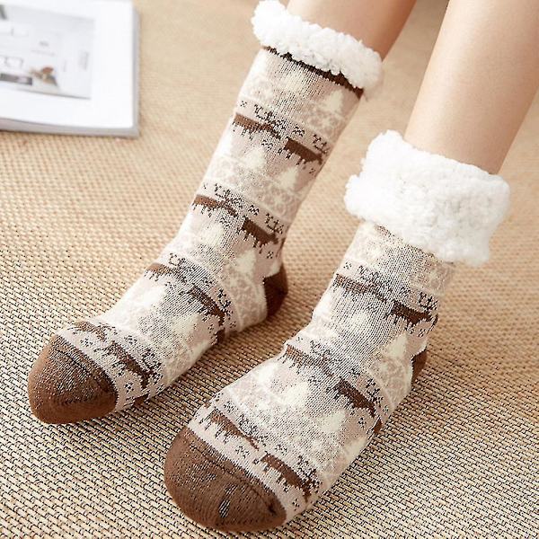 Kvinnors julstrumpor Mid Calf Extra tjock fleecefodrad mjuka golvtofflorstrumpor Coffee Deer