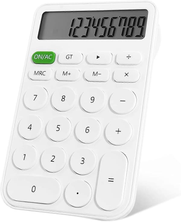 12-sifret LCD-skjerm Basic skrivebordskalkulatorer for skolekontor hjem, hvit, skrivebordskalkulator for studenter