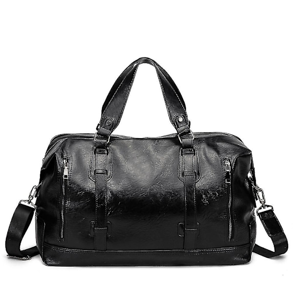 Stor Læder Weekendtaske Håndbagage Rejsetaske Duffel Carry On Taske Weekendtaske Til Mænd & Herrer (sort)