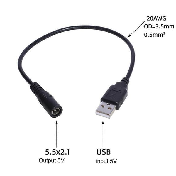 DC Strømforsyning Stik Opladningsledning Forlængeradapterledning USB til DC5.5x2.1mm
