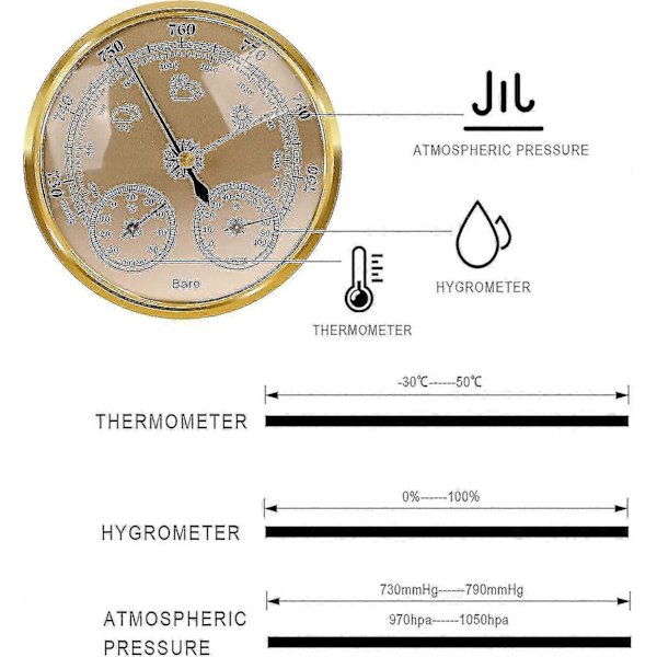 Utomhusbarometer Termometer Hygrometer - 5 tum Barometer Väderstation, Barometer (guld)