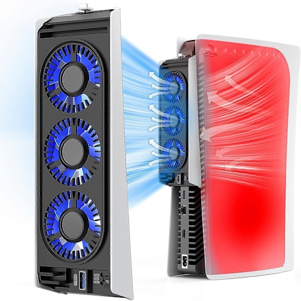 Kylfläkt för PS5, Kylare med LED-ljus och 3.0 USB-portar, Kompatibel med PS5 digital version eller CD-version