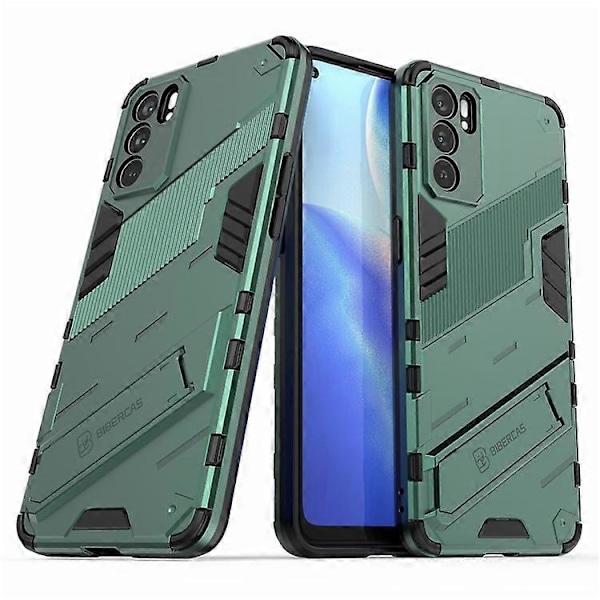 Iskunkestävä Defender -suojakuori, kestävä, sotilastason PC + TPU -kuori jalustalla, yhteensopiva Oppo Reno6 5G:lle Green