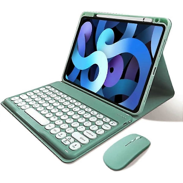iPad 10:e generationen 2022 tangentbordsfodral med mus, söta runda tangenter, löstagbart Bluetooth-tangentbord, tunt smart skydd med pennhållare (mörkgrön)