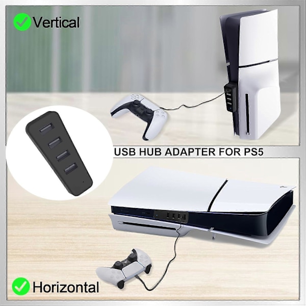 USB-keskitin PS5 Slim -konsolille, Nopea laajennuskeskitin latausjakaja sovitin 4 USB 2.0 -portilla, Musta