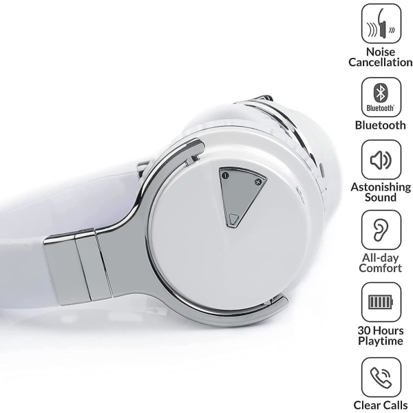 Aktive støyreduserende hodetelefoner Bluetooth-hodetelefoner med mikrofon dypbass trådløse hodetelefoner over øret, komfortable protein-øreputer, spilletid White