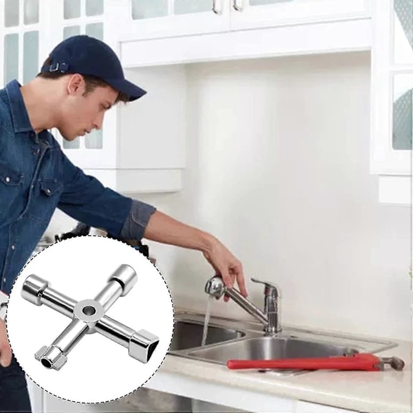 Multifunksjon 4-veis universal trekantnøkkel, multifunksjonell, universal kryssbryternøkkel, for heiser, elektriske skap, ventiler (sølv)