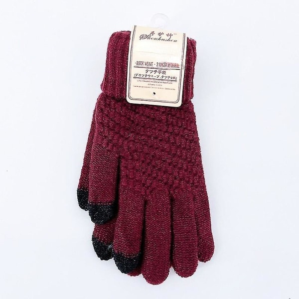 Kvinnors stickade vinterhandskar Cashmere stickade kvinnor män Höst och vinter Varma tjocka handskar Skärm skidhandskar Wine red