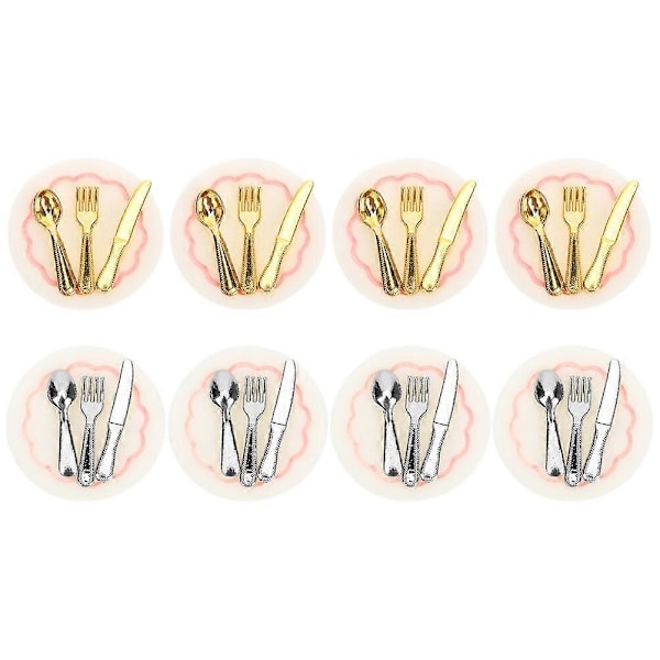 8 Set med Miniatyr Dockhus Tillbehör Mini Tallrik Gaffel Sked Kniv Kök Scen Dekor