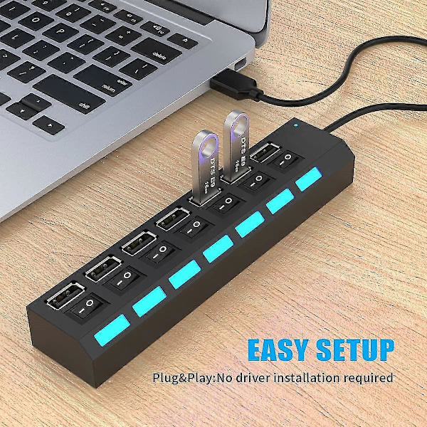 Monitoimi USB-jakaja, 7-in-1 USB 2.0 -keskitin nopeilla yksittäisillä on/off-kytkimillä ja LED-valoilla (7 porttia USB A)