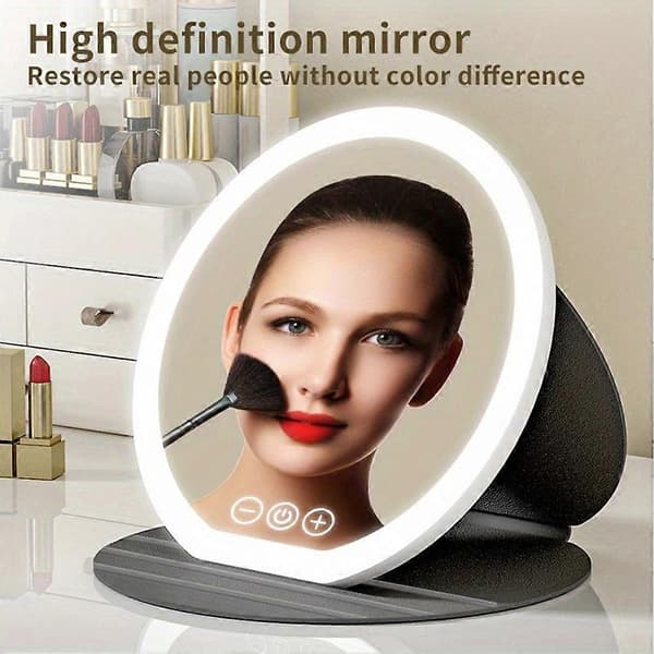 Dæmpbart Touch Screen Makeup Spejl Kompakt Foldbart Toiletbordsspejl med Lys Makeup Tilbehør Black Medium