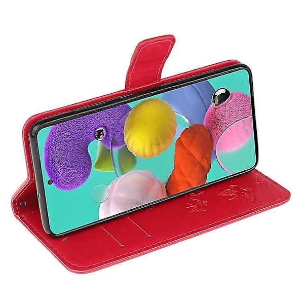 Præget Sommerfugl Blomst Skin PU Læder Flip Mobilcover Kompatibelt til Samsung Galaxy A51 Red