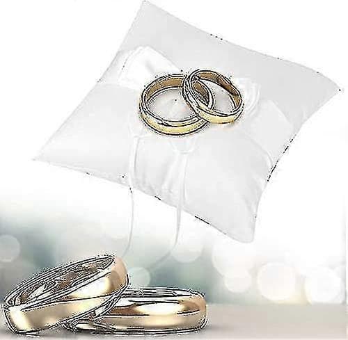 Bryllupsringpute, elfenbenshvit sateng sløyfeknute ringbærerholderputer med simulert perle bryllupsringpute