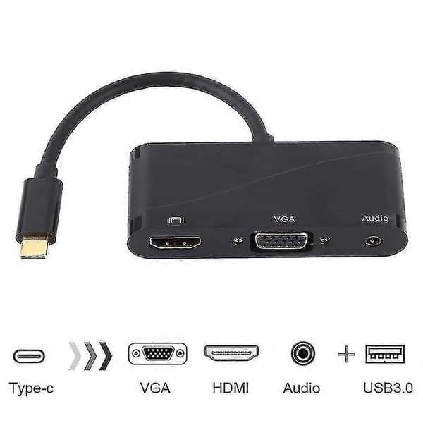 Usb 2.0 + Audio Port + Vga + Hdmi Til Usb-c / Type-c Hub Adapter (sort)