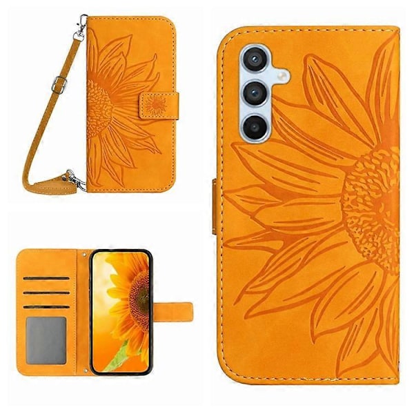 HT04 Nahkalompakkokotelo Yhteensopiva Samsung Galaxy A05s 4G -puhelimelle, Kukkakuvioinen puhelinkuori olkahihnalla Yellow