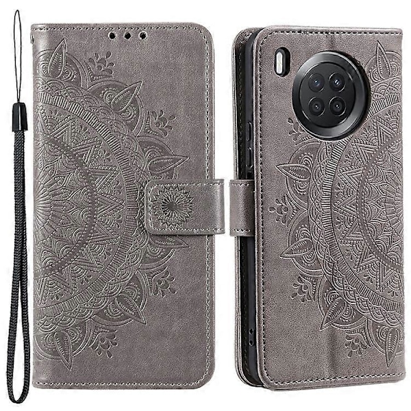 Präglad Mandala Blomma Fullständigt Skydd PU Läder + Mjuk TPU Ställ Plånboksfodral med Rem Kompatibel med Huawei nova 8i Grey