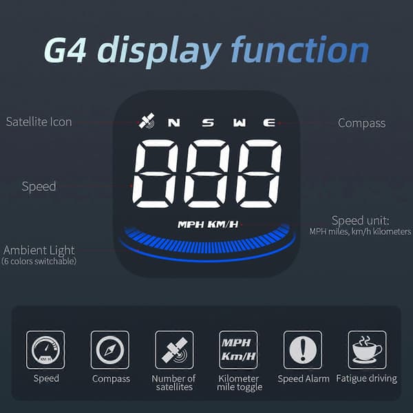 G4 Bil HUD för Head Up Display Hastighet Kompass Vägmätare Alarm Trötthetskörning Remi