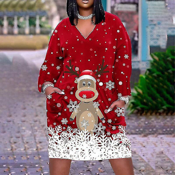 Santa Claus Print Dress Dammode kortärmad julklänning LQ41K220711G 4XL