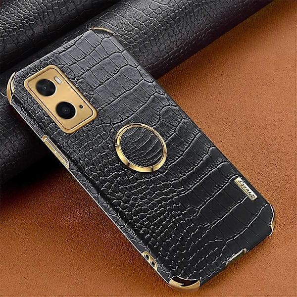 Yhteensopiva Oppo A36 / A76 Sormuspidike Jalustakotelo Krokotiilinnahka Kuvioitu Nahkapäällysteinen TPU 6D Galvanoidulla Iskunkestävällä Suojauksella Black