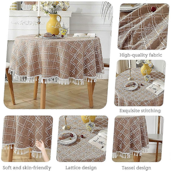 Rund Bordsduk i Bomull och Linne, Fläckresistent, Bordsduk med Fransar, Tvättbart Bordskydd 140x140cm