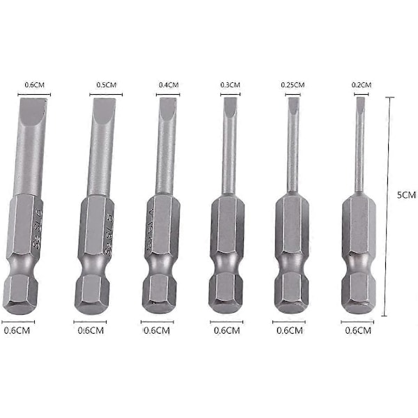 6 stk. 50mm 2.0-6.0mm Flat Head Slotted Bit Skrutrekker Bits Sett S2 Legering Magnetisk 0.25\" Hex Slotted Skrutrekker Bits