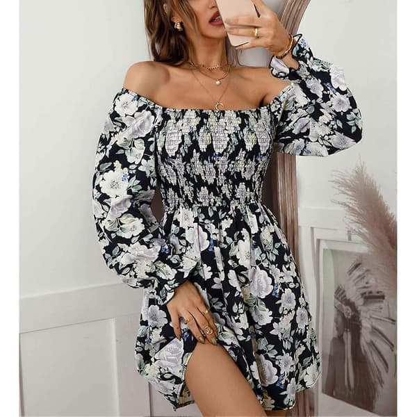 Blomstrete Rynket Off Shoulder Kjole, Moderne Elastisk og Tøyelig Elegant Kjole for Kvinner