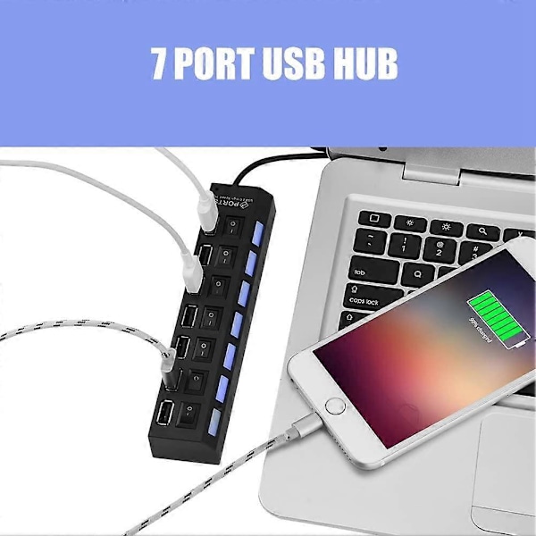 480Mbps 7 Port USB 2.0 Hub, Multifunksjonell Hub Splitter Høyhastighets Dataoverføring for Mobiltelefon, Nettbrett, Tastatur, Mus, Harddisk, PS