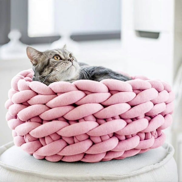 Strikket kæledyrsseng i bomuld, varm vævet kattekurv, hyggelig puttekurv til hunde og katte (15,7\", Pink)