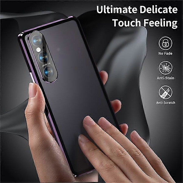 Kompatibel med Sony Xperia 1 V Magnetisk Adsorptions Etui Metalramme + Hærdet Glas + PC Bagside Klar Telefon Cover Purple