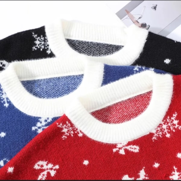Par Crewneck Jul och nyår Stil Pullover Trend Tröja Färg Kontrast Jacquard Lös Casual Stickat Streetwear Red Asia XL 64-69kg