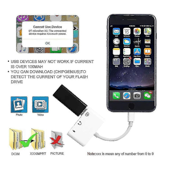 Lightning–USB 3 -kamerasovitin, 3-in-1 USB-naaras OTG -sovitin 3,5 mm:n kuulokeliitännällä + latausjakaja, yhteensopiva Phone 11 / X / Xs / 8 P -puhelimien kanssa
