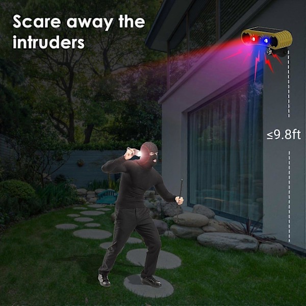 Solcellsdriven utomhuslarm med rörelsesensor - 13 ljud inklusive hundskall & pistolskott, 2*130db Högljudd ljudgenerator, 4 lägen