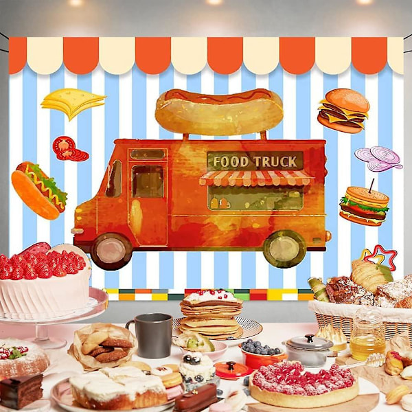 Food Truck Fotobaggrund Burger Hotdog Ost Skinke Løg Baggrund Festdekorationer Baby Shower Fødselsdagskage Borddekorationer Banner