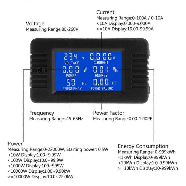 Digital Strømmåler Wattmeter 6 i 1 Elektrisitetsmåler Spenningsvoltmeter