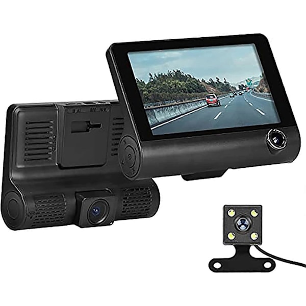 3-kanals Dash Cam 4 tums TFT LCD Bil DVR, Fram Insida Bak Trevägs Mörkerseende HD 1080P Bilkamera, 140 Vidvinkel