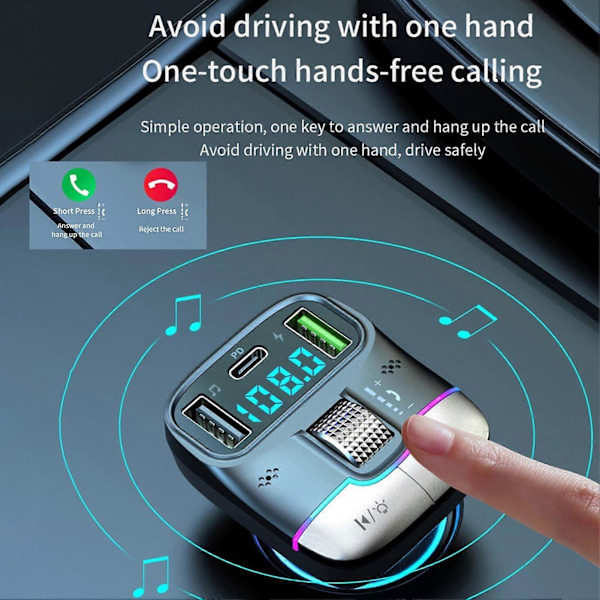 Bluetooth-kompatibel biloplader med dobbelte porte, håndfri opkald, stabil forbindelse, universel biladapter, trådløs FM-radio MP3-afspiller
