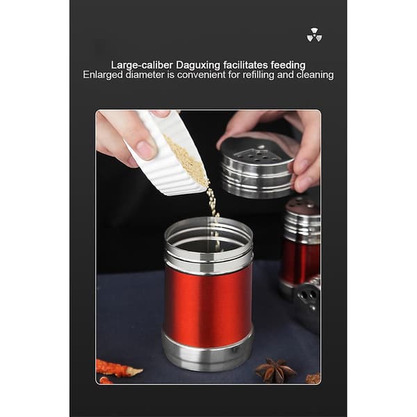 Krydder-, sukker-, salt-, pepper- og urte shaker-beholdere i rustfritt stål