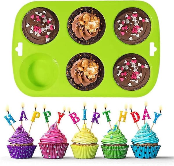 Sæt med 2 store non-stick silikone 6 muffinsforme - Blå-Grøn