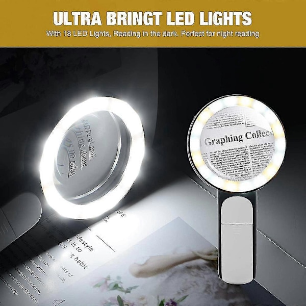 Förstoringsglas med ljus, 30x handhållet stort förstoringsglas 18 LED TEI