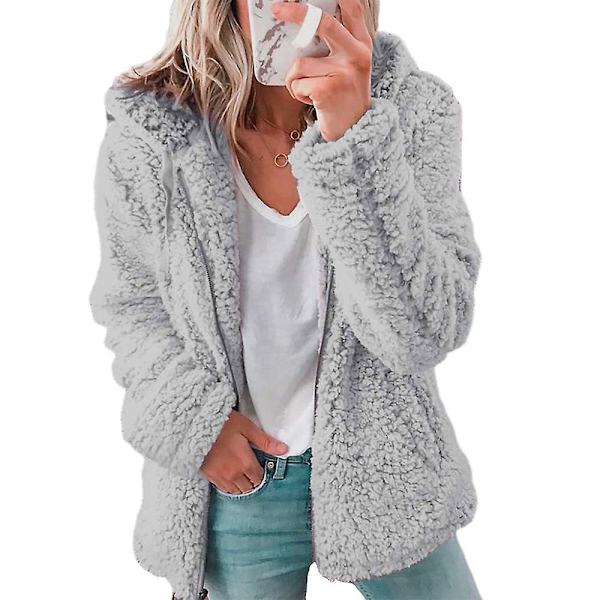 Naisten Nalle Pehmotakki Huppari Pörröinen fleece-hupullinen takki Top Talven lämmin casual ulkovaatteet Light Gray L