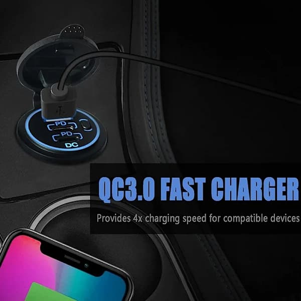 USB-C biloplader egnet til biler, autocampere og både, 12V USB-interface, 58W effekt, dobbelt PD USB-C QC3.0 hurtigopladningsinterface, med trykknap...