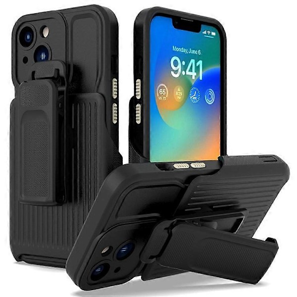 Explorer Series Kompatibelt För iPhone 13 Bakre Klämma Ställ Design PC + TPU Telefonskyddsfodral Fallsäkert Skal Black