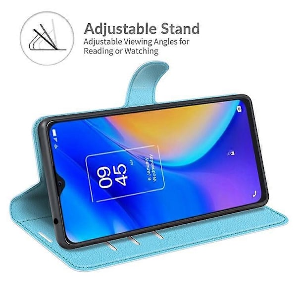 Litchi Tekstur PU Læder Etui Flip Stand Stødsikkert Telefoncover med Pung Kompatibel med TCL 20 SE Blue