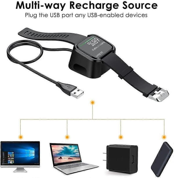 Lader Kompatibel med Fitbit Versa Dockingstasjon (Ikke for Versa 2/Versa 3/Sense), USB Erstatning Lade Cradle Dock med Ladekabel